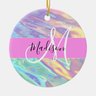 Girly roze holografische iriserende monogram naam keramisch ornament