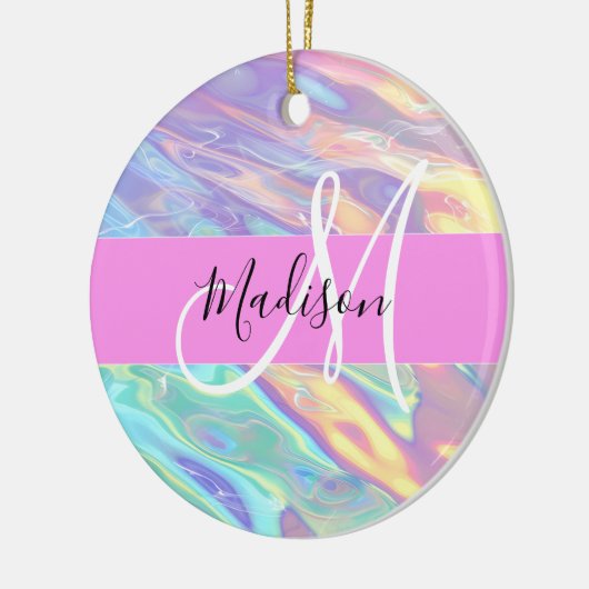 Girly roze holografische iriserende monogram naam keramisch ornament (Links)