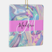 Girly roze holografische iriserende monogram naam keramisch ornament (Rechts)