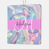 Girly roze holografische iriserende monogram naam keramisch ornament (Links)