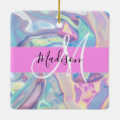 Girly roze holografische iriserende monogram naam keramisch ornament (Achterkant)
