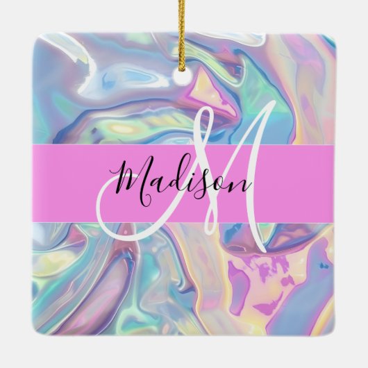 Girly roze holografische iriserende monogram naam keramisch ornament (Achterkant)