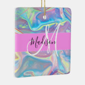 Girly roze holografische iriserende monogram naam keramisch ornament (Rechts)