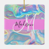 Girly roze holografische iriserende monogram naam keramisch ornament (Achterkant)