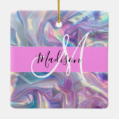 Girly roze holografische iriserende monogram naam keramisch ornament (Achterkant)