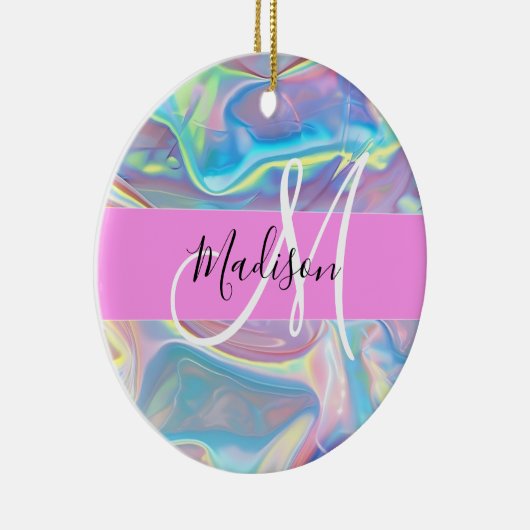 Girly roze holografische iriserende monogram naam keramisch ornament (Rechts)