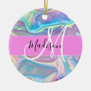 Girly roze holografische iriserende monogram naam keramisch ornament