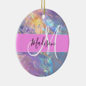 Girly roze holografische iriserende monogram naam keramisch ornament (Rechts)
