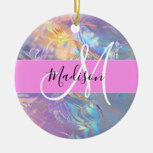 Girly roze holografische iriserende monogram naam keramisch ornament