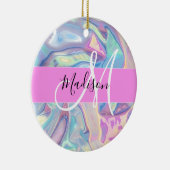 Girly roze holografische iriserende monogram naam keramisch ornament (Rechts)