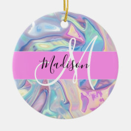 Girly roze holografische iriserende monogram naam keramisch ornament