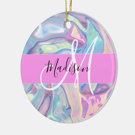 Girly roze holografische iriserende monogram naam keramisch ornament (Links)