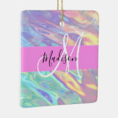 Girly roze holografische iriserende monogram naam keramisch ornament (Rechts)
