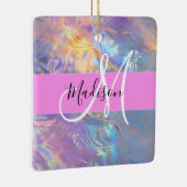 Girly roze holografische iriserende monogram naam keramisch ornament (Rechts)