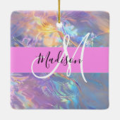 Girly roze holografische iriserende monogram naam keramisch ornament (Achterkant)