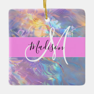 Girly roze holografische iriserende monogram naam keramisch ornament