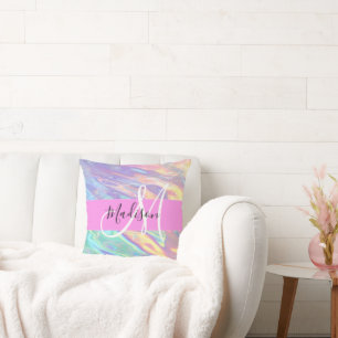 Girly roze holografische iriserende monogram naam kussen