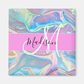 Girly roze holografische iriserende monogram naam magneet (Voorkant)