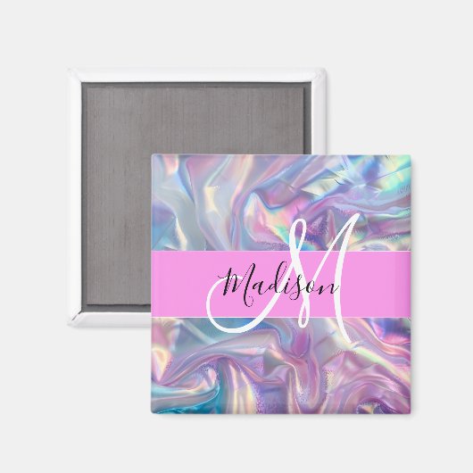 Girly roze holografische iriserende monogram naam magneet (Voorkant / Achterkant)