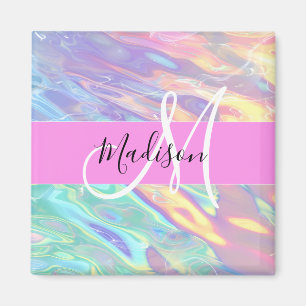 Girly roze holografische iriserende monogram naam magneet