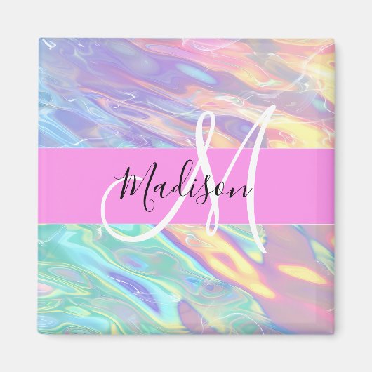 Girly roze holografische iriserende monogram naam magneet (Voorkant)