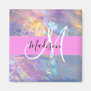 Girly roze holografische iriserende monogram naam magneet