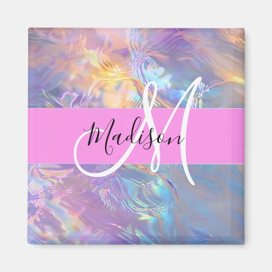 Girly roze holografische iriserende monogram naam magneet (Voorkant)