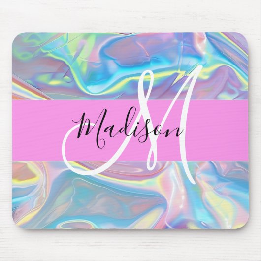Girly roze holografische iriserende monogram naam muismat (Voorkant)