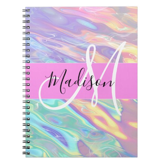 Girly roze holografische iriserende monogram naam notitieboek (Voorkant)