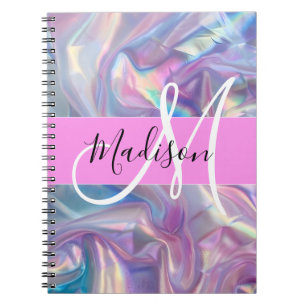 Girly roze holografische iriserende monogram naam notitieboek