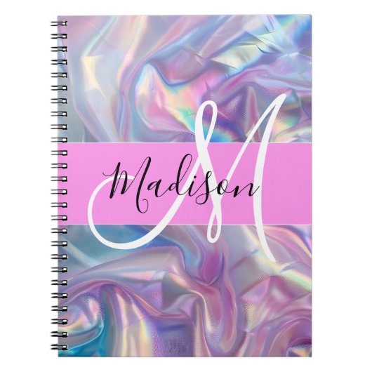 Girly roze holografische iriserende monogram naam notitieboek (Voorkant)