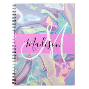 Girly roze holografische iriserende monogram naam notitieboek