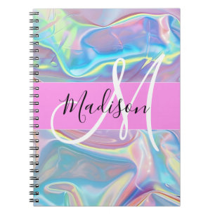 Girly roze holografische iriserende monogram naam notitieboek