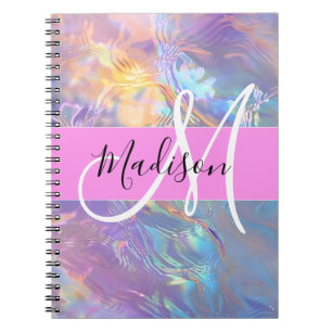 Girly roze holografische iriserende monogram naam notitieboek