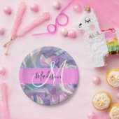 Girly roze holografische iriserende monogram naam papieren bordje (Feest)