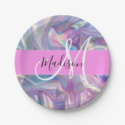 Girly roze holografische iriserende monogram naam papieren bordje (Voorkant)