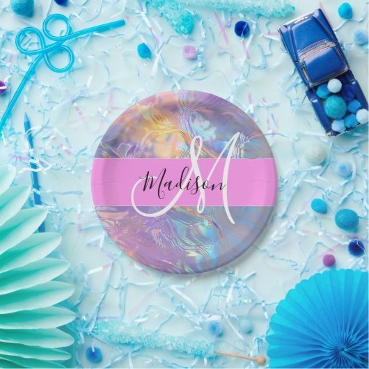 Girly roze holografische iriserende monogram naam papieren bordje (Feest)