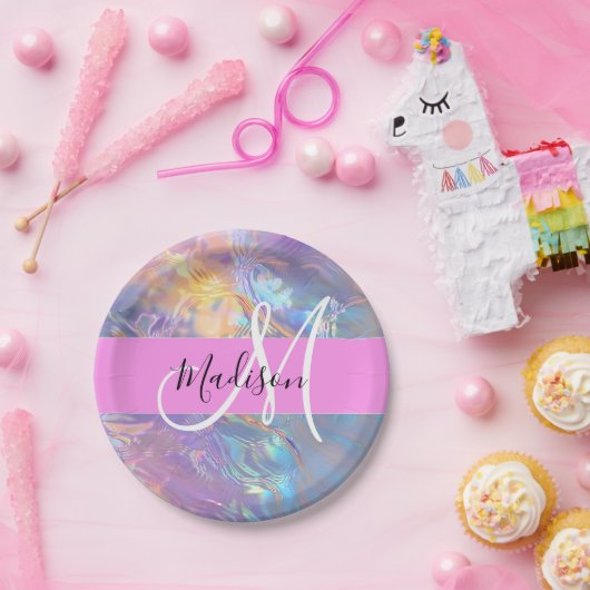 Girly roze holografische iriserende monogram naam papieren bordje (Feest)