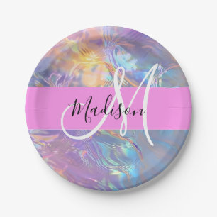 Girly roze holografische iriserende monogram naam papieren bordje
