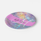 Girly roze holografische iriserende monogram naam papieren bordje (Gekanteld)