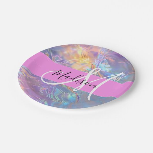 Girly roze holografische iriserende monogram naam papieren bordje (Gekanteld)