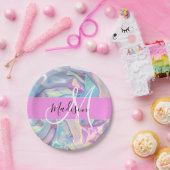 Girly roze holografische iriserende monogram naam papieren bordje (Feest)