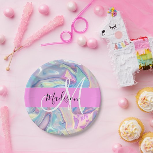 Girly roze holografische iriserende monogram naam papieren bordje (Feest)