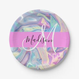 Girly roze holografische iriserende monogram naam papieren bordje