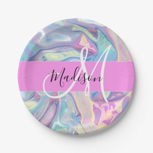 Girly roze holografische iriserende monogram naam papieren bordje (Voorkant)