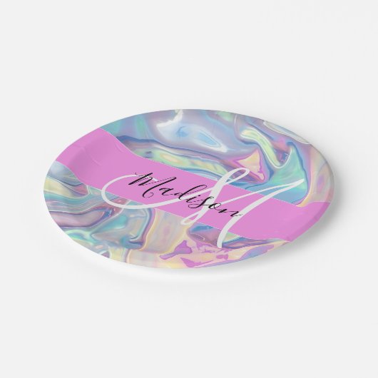 Girly roze holografische iriserende monogram naam papieren bordje (Gekanteld)
