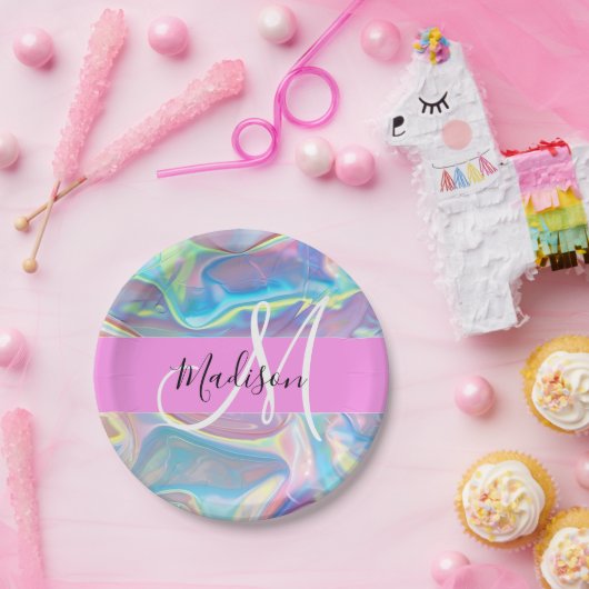 Girly roze holografische iriserende monogram naam papieren bordje (Feest)