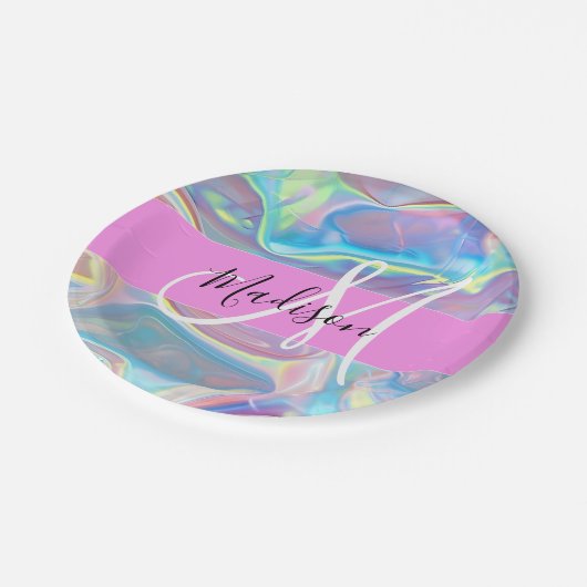 Girly roze holografische iriserende monogram naam papieren bordje (Gekanteld)