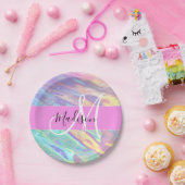 Girly roze holografische iriserende monogram naam papieren bordje (Feest)