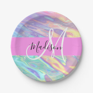 Girly roze holografische iriserende monogram naam papieren bordje